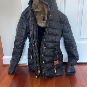 fur lined michael kors black leather puffer with removable hood size xs
